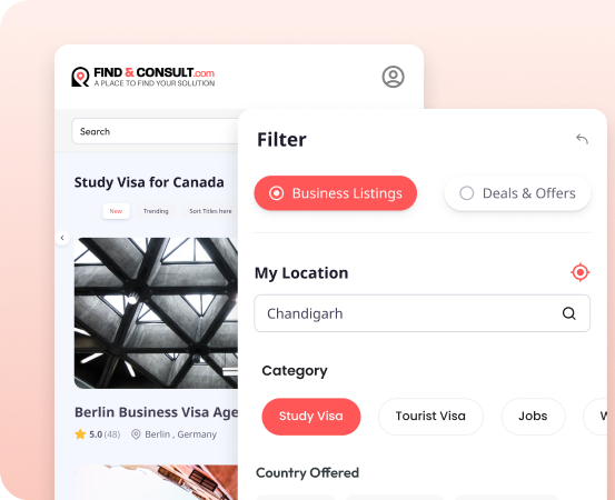 Find & Consult filter UI with location set to Chandigarh and category options like Study Visa, Jobs.