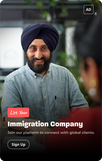 Smiling man in turban meeting client with text promoting immigration company listing on Find & Consult