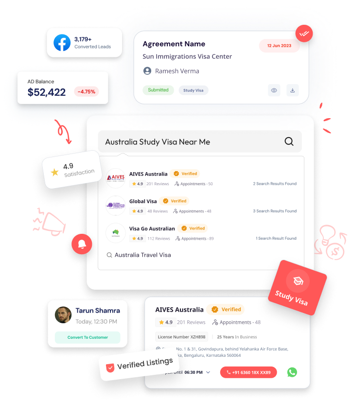 Find & Consult platform interface showing verified immigration consultants for Study Visa with reviews, ratings and contact details.