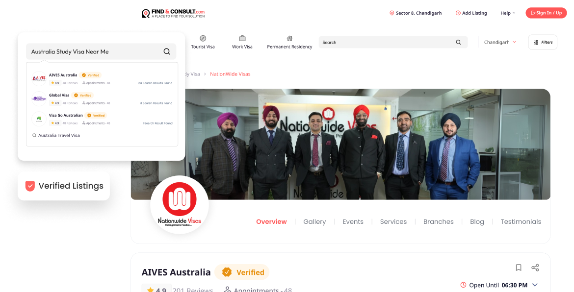NationWide Visas immigration consultant profile page on Find & Consult platform showing verified listing and team photo