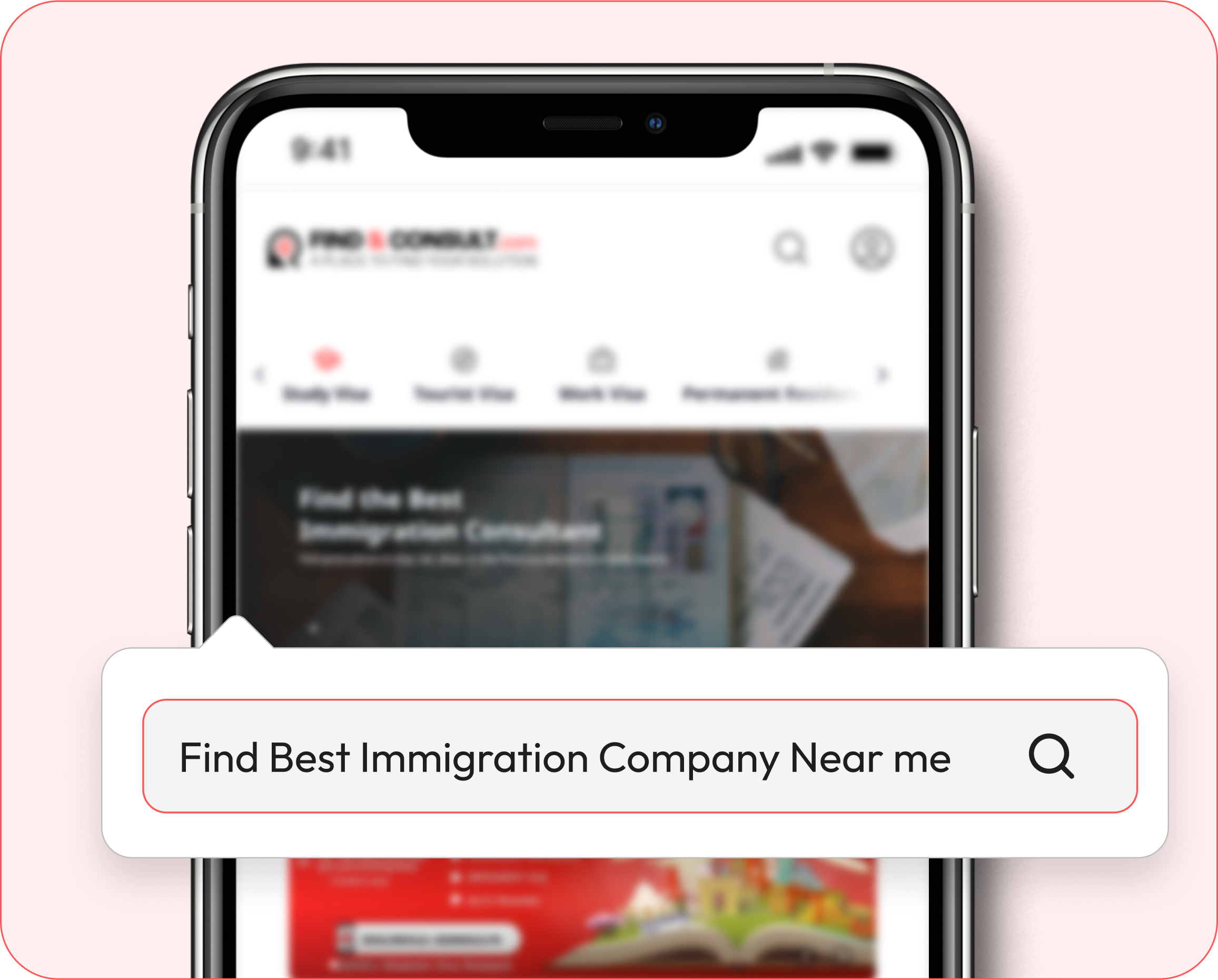 Mobile view of Find & Consult platform with search bar displaying 'Find Best Immigration Company Near Me'