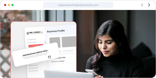 Woman scrolling phone with screenshot of business profile floating beside woman.