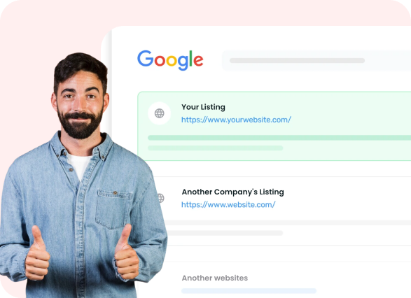 Man giving double thumbs up with Google page showing immigration companies listing in background