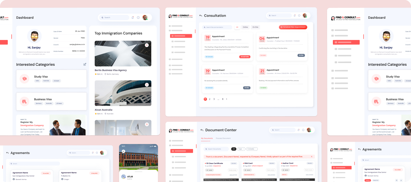 Dashboard UI of Find & Consult site showing profile, visa types, appointments, docs, and firms