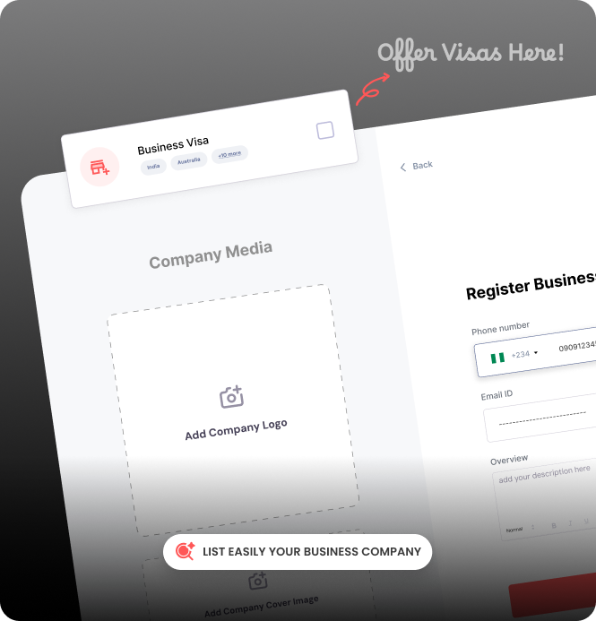 Screenshot of Registration webpage showing options to add company logo and company information, with text ‘List Your Immigration Business Easily’ at bottom.