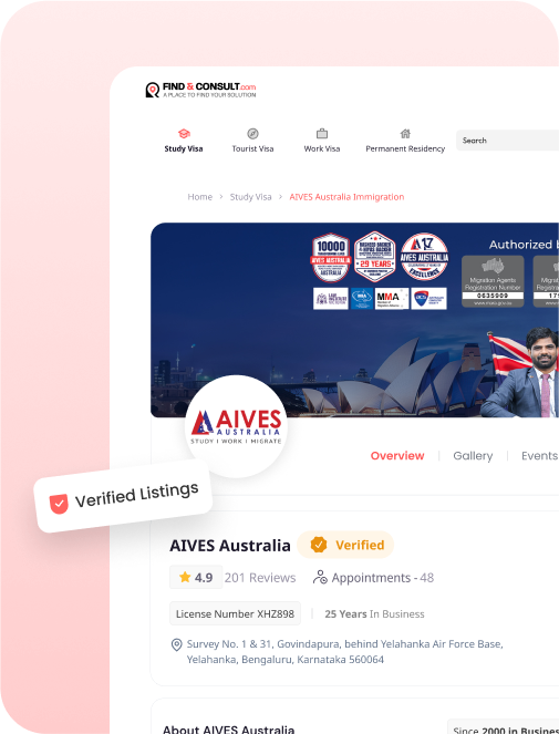 Screenshot of an Immigration company’s profile opened under study visa section