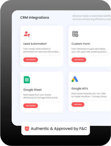 Screenshot of CRM integration feature with various tools like Lead Automation, Google Sheets, Google Ads, and Custom Form integrated with F&C CRM.