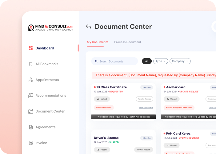Screenshot of interface of Document center, with different documents requested by immigration companies in ‘My Document’ section