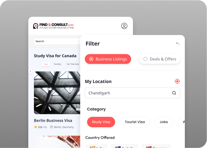 Screenshots of F&C interface showing options to set location and visa category to filter immigration company searches.