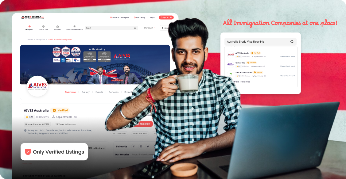 Man drinking coffee with laptop open in front while immigration company’s profile displayed in background.
