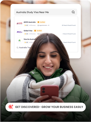 Smiling woman using phone with immigration consultant search results overlay, promoting business growth on Find & Consult